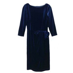 Navy 3/4 Sleeve Bateau Neck Velvet Sheath Dress